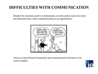 DIFFICULTIES WITH COMMUNICATION
Despite the common need to communicate, at some point, most of us have
encountered issues when communicating in an organization.
Factor in intercultural interactions and communication becomes even
more complex.
 