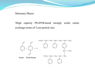 Stationary Phases
•High capacity PS-DVB-based strongly acidic cation
exchange resins of 5 µm particle size.
 