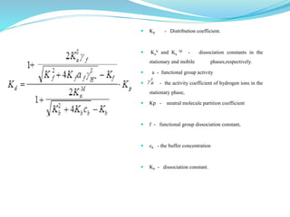  Kd - Distribution coefficient.
 Ka
S and Ka
M - dissociation constants in the
stationary and mobile phases,respectively.
 a - functional group activity
 - the activity coefficient of hydrogen ions in the
stationary phase,
 Kp - neutral molecule partition coefficient
 f - functional group dissociation constant,
 cb - the buffer concentration
 Kb - dissociation constant.
 