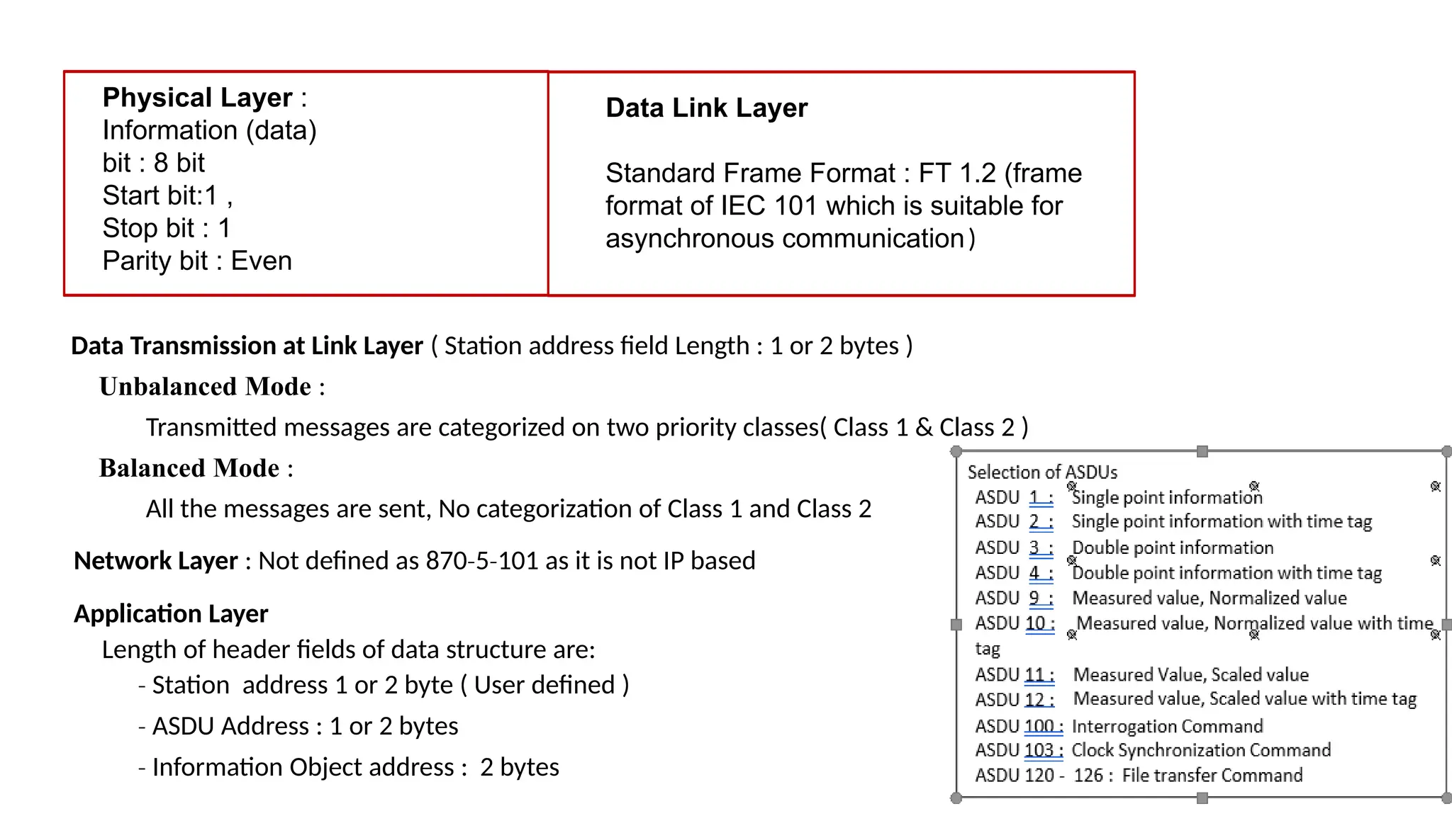 Physical Layer :
Information (data)
bit : 8 bit
Start bit:1 ,
Stop bit : 1
Parity bit : Even
Data Link Layer
Standard Frame Format : FT 1.2 (frame
format of IEC 101 which is suitable for
asynchronous communication)
Data Transmission at Link Layer ( Station address field Length : 1 or 2 bytes )
Unbalanced Mode :
Transmitted messages are categorized on two priority classes( Class 1 & Class 2 )
Balanced Mode :
All the messages are sent, No categorization of Class 1 and Class 2
Network Layer : Not defined as 870 5 101 as it is not IP based
‐ ‐
Application Layer
Length of header fields of data structure are:
‐ Station address 1 or 2 byte ( User defined )
‐ ASDU Address : 1 or 2 bytes
‐ Information Object address : 2 bytes
 