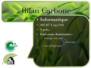 Informatique 107,87 T éq CO2 4 pers. Emissions dominantes : Energie interne Serveur Gaz réfrigérants Bilan Carbone 