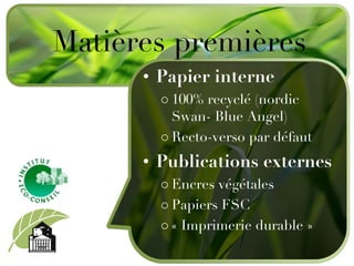 Papier interne 100% recyclé (nordic Swan- Blue Angel) Recto-verso par défaut Publications externes Encres végétales Papiers FSC « Imprimerie durable » Matières premières 