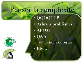 QQOQCCP Arbre à problèmes AFOM Q&A Questions ouvertes Etc … Penser la complexité 