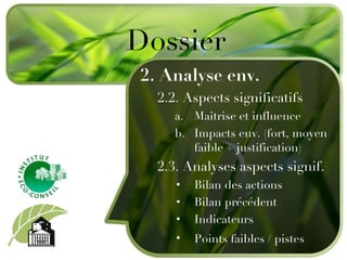 2. Analyse env. 2.2. Aspects significatifs Maîtrise et influence Impacts env. (fort, moyen faible + justification) 2.3. Analyses aspects signif. B ilan des actions Bilan précédent Indicateurs P oints faibles / pistes   Dossier 