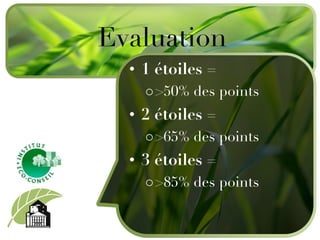 1 étoiles = >50% des points  2 étoiles = >65% des points 3 étoiles = >85% des points Evaluation 