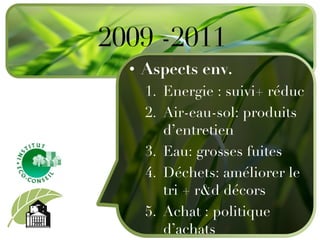 Aspects env. Energie : suivi+ réduc Air-eau-sol: produits d’entretien Eau: grosses fuites Déchets: améliorer le tri + r&d décors Achat : politique d’achats 2009 -2011 