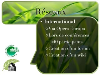 International Via Opera Europa Lors de conférences 40 participants Création d’un forum Création d’un wiki Réseaux 