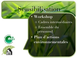 Workshop  Cadres intermédiaires Ensemble du personnel Plan d’actions environnementales Sensibilisation 