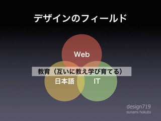デザインのフィールド


     Web

教育（互いに教え学び育てる）
  日本語      IT


                 design719
                 sunami hokuto
 