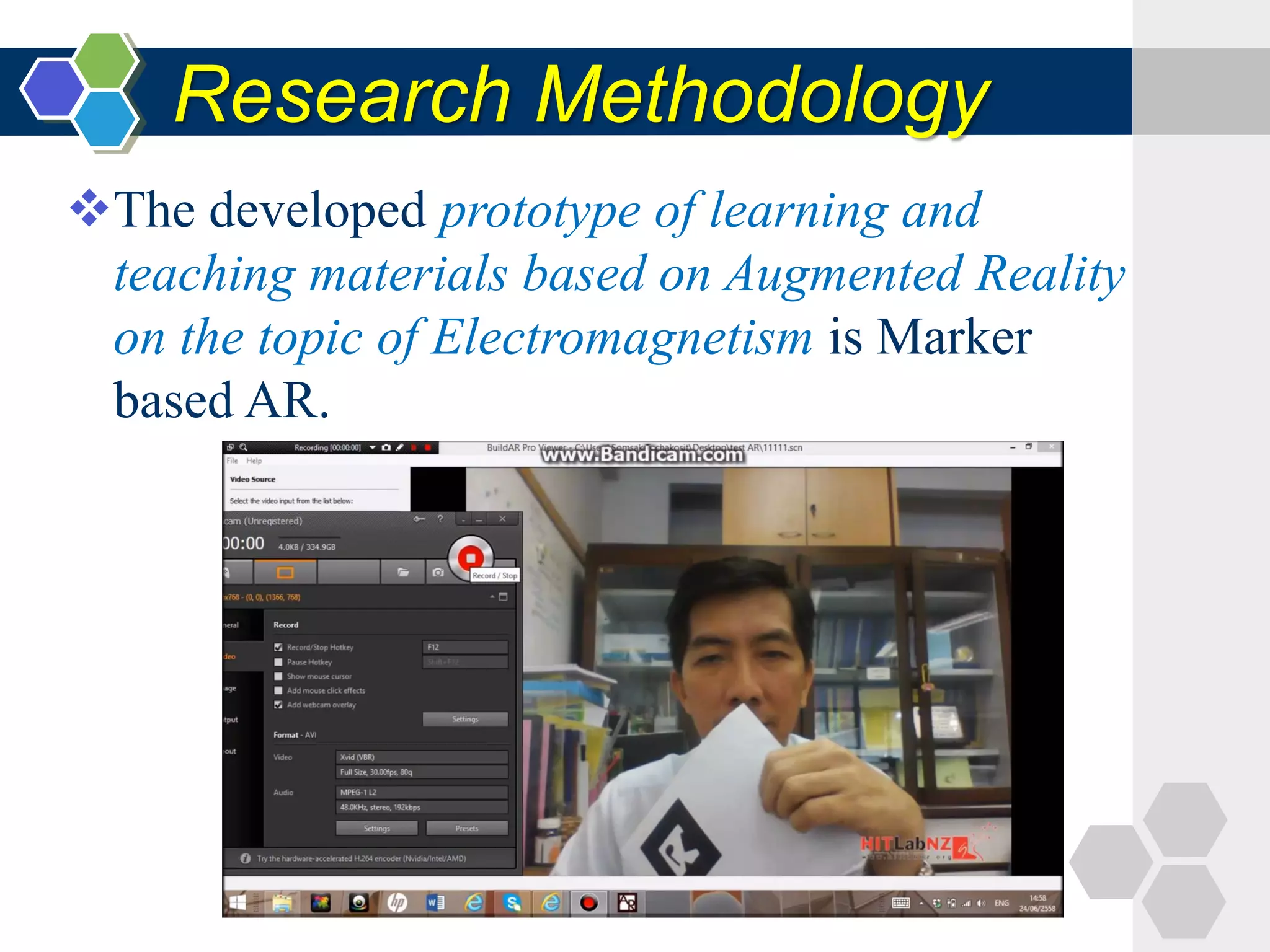 Research Methodology
The developed prototype of learning and
teaching materials based on Augmented Reality
on the topic of Electromagnetism is Marker
based AR.
 