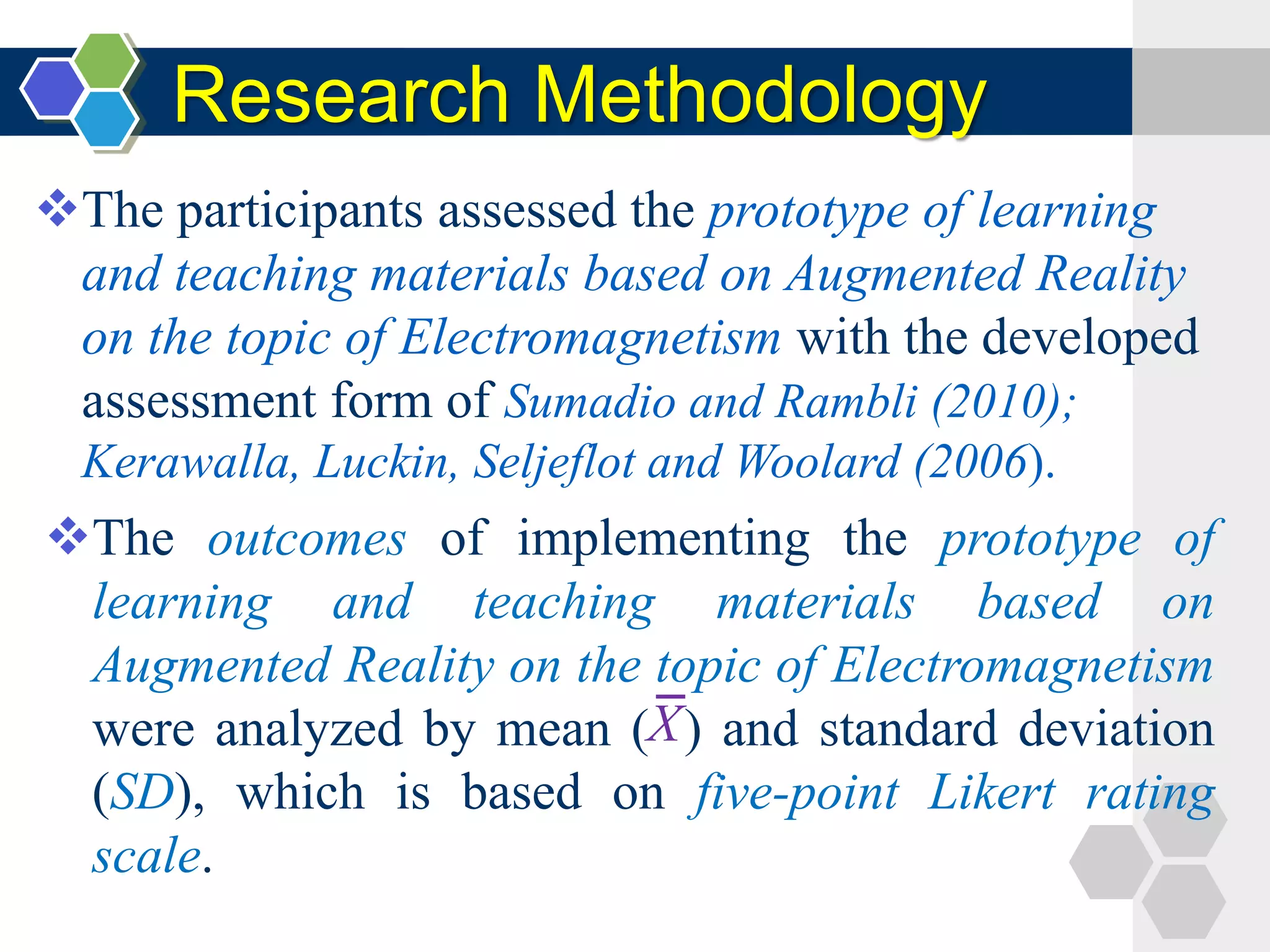 Research Methodology
The participants assessed the prototype of learning
and teaching materials based on Augmented Reality
on the topic of Electromagnetism with the developed
assessment form of Sumadio and Rambli (2010);
Kerawalla, Luckin, Seljeflot and Woolard (2006).
The outcomes of implementing the prototype of
learning and teaching materials based on
Augmented Reality on the topic of Electromagnetism
were analyzed by mean ( ) and standard deviation
(SD), which is based on five-point Likert rating
scale.
X
 