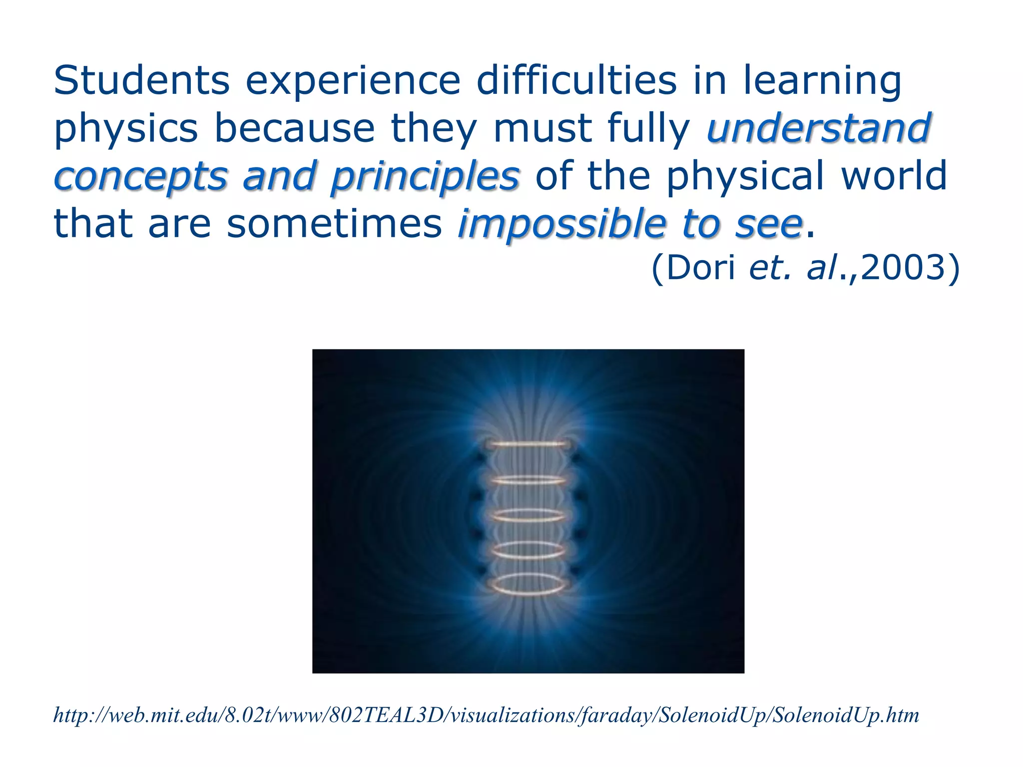 http://web.mit.edu/8.02t/www/802TEAL3D/visualizations/faraday/SolenoidUp/SolenoidUp.htm
Students experience difficulties in learning
physics because they must fully understand
concepts and principles of the physical world
that are sometimes impossible to see.
(Dori et. al.,2003)
 