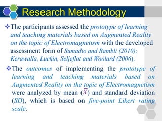 Research Methodology
The participants assessed the prototype of learning
and teaching materials based on Augmented Reality
on the topic of Electromagnetism with the developed
assessment form of Sumadio and Rambli (2010);
Kerawalla, Luckin, Seljeflot and Woolard (2006).
The outcomes of implementing the prototype of
learning and teaching materials based on
Augmented Reality on the topic of Electromagnetism
were analyzed by mean ( ) and standard deviation
(SD), which is based on five-point Likert rating
scale.
X
 