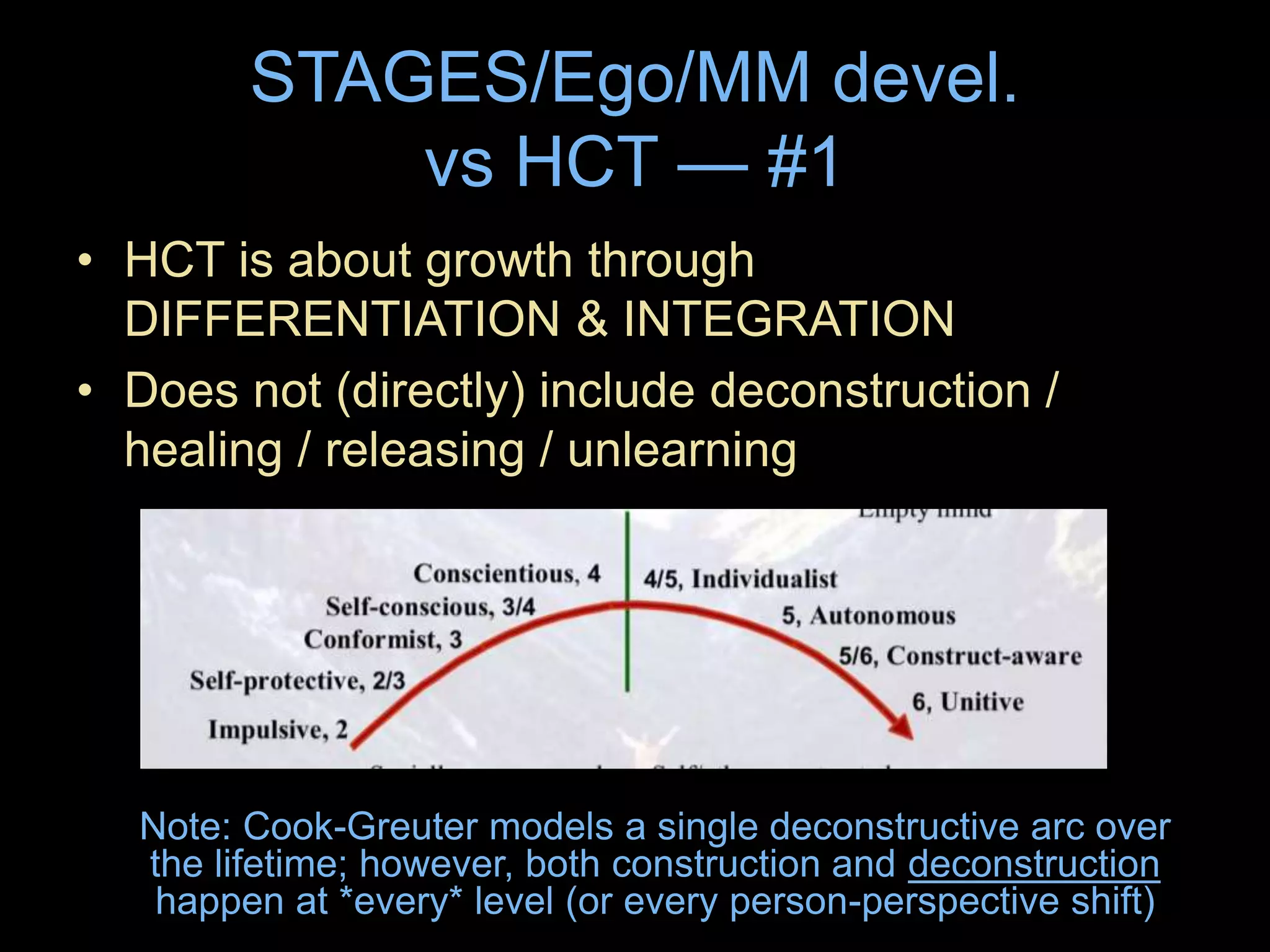 STAGES/Ego/MM devel.
vs HCT — #1
• HCT is about growth through
DIFFERENTIATION & INTEGRATION
• Does not (directly) include deconstruction /
healing / releasing / unlearning
Note: Cook-Greuter models a single deconstructive arc over
the lifetime; however, both construction and deconstruction
happen at *every* level (or every person-perspective shift)
 