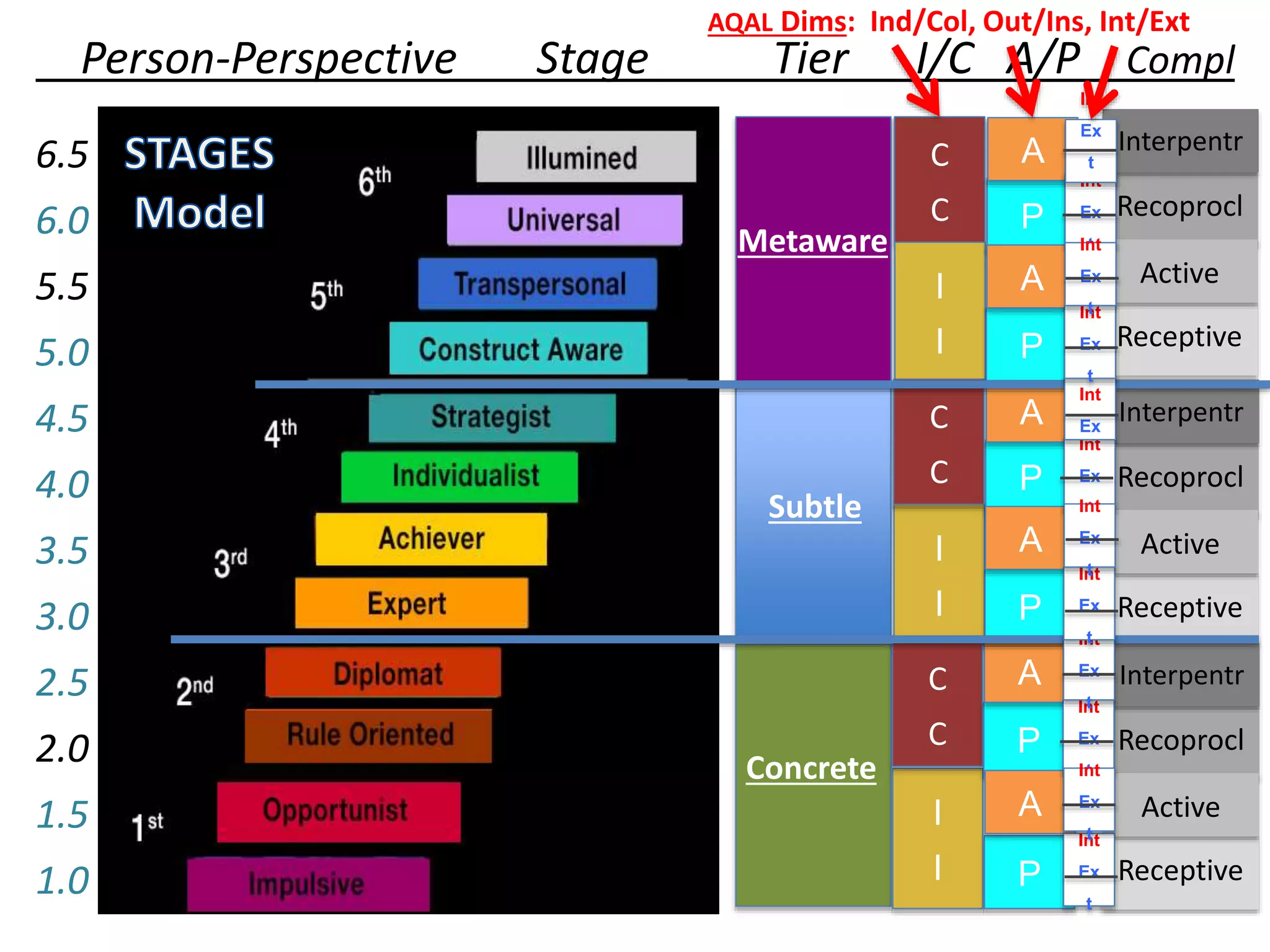 Concrete
Subtle
Metaware
Person-Perspective Stage Tier I/C A/P Compl
6.5
6.0
5.5
5.0
4.5
4.0
3.5
3.0
2.5
2.0
1.5
1.0
I
I
I
I
C
C
I
I
C
C
C
C
P
P
A
A
P
P
A
A
P
P
A
A
Receptive
Recoprocl
Active
Receptive
Recoprocl
Active
Interpentr
Receptive
Recoprocl
Active
Interpentr
Interpentr
Int
Ex
t
Int
Ex
t
Int
Ex
t
Int
Ex
t
Int
Ex
t
Int
Ex
tInt
Ex
t
Int
Ex
Int
Ex
t
Int
Ex
tInt
Ex
t
Int
Ex
t
AQAL Dims: Ind/Col, Out/Ins, Int/Ext
 