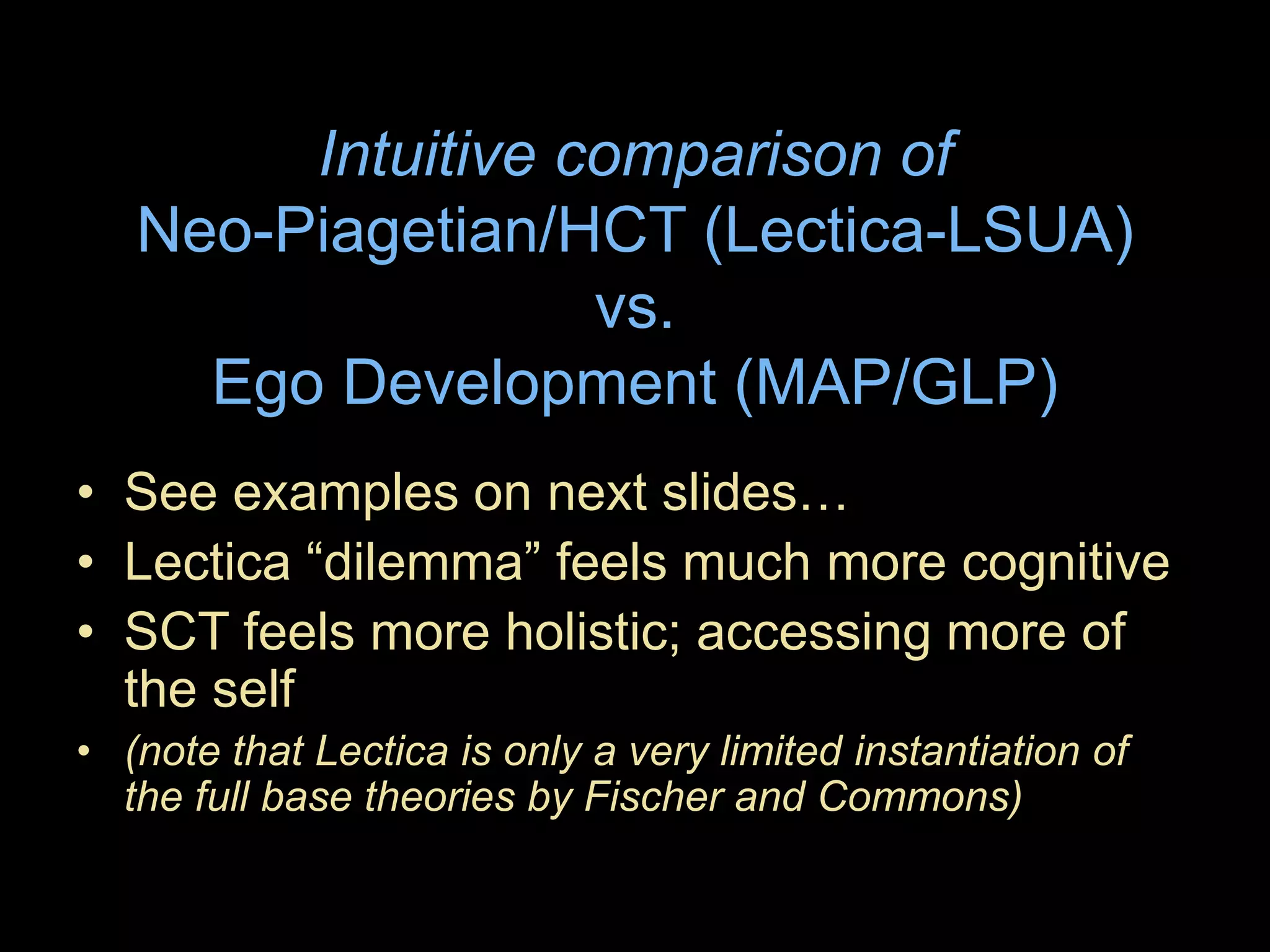 Intuitive comparison of
Neo-Piagetian/HCT (Lectica-LSUA)
vs.
Ego Development (MAP/GLP)
• See examples on next slides…
• Lectica “dilemma” feels much more cognitive
• SCT feels more holistic; accessing more of
the self
• (note that Lectica is only a very limited instantiation of
the full base theories by Fischer and Commons)
 