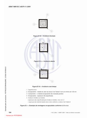 ABNT NBR IEC 60079-11:2009
104 © IEC 2006 - © ABNT 2009 - Todos os direitos reservados
4
5
3
Figura D.1b — Invólucro fechado
1 2
5
3
Figura D.1c — Invólucro aberto
5
3
4
5
Figura D.1d — Invólucro com tampa
1 Superfície livre
2 Encapsulante – metade do valor da coluna 3 da Tabela 5 com um mínimo de 1,00 mm
3 Componente – o material encapsulante não necessita penetrar
4 Encapsulante – espessura não especificada
5 Invólucro metálico ou isolante
- espessura não especificada para invólucro metálico, mas ver 6.1
- espessura do material isolante deve estar conforme a coluna 4 da Tabela 5
Figura D.1 — Exemplo de montagens encapsuladas conforme 6.3.4 e 6.6

 