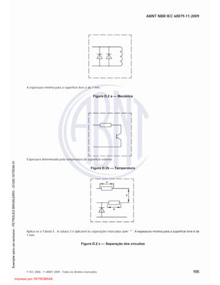 ABNT NBR IEC 60079-11:2009
© IEC 2006 - © ABNT 2009 - Todos os direitos reservados 105
A espessura mínima para a superfície livre é de 1 mm.
Figura D.2 a — Mecânica
Espessura determinada pela temperatura da superfície externa
Figura D.2b — Temperatura
Aplica-se a Tabela 5. A coluna 3 é aplicável às separações marcadas com ‘ * ‘. A espessura mínima para a superfície livre é de
1 mm.
Figura D.2 c — Separação dos circuitos

 