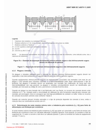 ABNT NBR IEC 60079-11:2009
© IEC 2006 - © ABNT 2009 - Todos os direitos reservados 19
d1 d2
d3
d4
T T
I.S.
Circuit
I.S.
Circuit
Non I.S.
Circuit
1
2
IEC 1381/06
Legenda
1 Cobertura: não condutiva, ou condutiva e aterrada
2 Partição conforme 6.2.1-b); neste exemplo, deve ser homogênea com a base ou colada
T Distância conforme a Tabela 5
d1 3 mm; quando a cobertura é condutora e aterrada
d2 6 mm
d3 50 mm ou d4 1,5 mm
NOTA As dimensões apresentadas são distâncias de escoamento ao redor do isolamento, como indicado acima, não a
espessura do isolamento.
Figura 1b — Exemplo de separação de terminais intrinsecamente seguro e não intrinsecamente seguro
através da utilização de partição
Figura 1 — Separação de terminais intrinsecamente seguros e não intrinsecamente seguros
6.2.2 Plugues e tomadas
Os plugues e tomadas utilizados para a conexão de circuitos externos intrinsecamente seguros devem ser
separados e não intercambiáveis com aqueles dos circuitos não intrinsecamente seguros.
Quando equipamentos intrinsecamente seguros ou equipamentos associados são montados com mais de um
plugue e uma tomada para conexões externas, e a intercambiabilidade pode afetar adversamente o tipo de
proteção, tais plugues e tomadas devem ser projetados, por exemplo, por codificação, de forma que esta
intercambiabilidade não seja possível, ou plugues e tomadas correspondentes devem ser identificados, por
exemplo, por marcação ou código de cores, para tornar a conexão incorreta obvia.
Quando um plugue ou uma tomada não é pré-fabricado com sua fiação, os recursos de conexão devem estar
conforme 6.2.1. Se, contudo existir a necessidade de utilização de uma ferramenta especial para conexão, por
exemplo, por prensagem, deve-se assegurar que não haja possibilidade do condutor se soltar; então os recursos
de conexão necessitam somente estar conforme Tabela 5.
Quando um conector possuir circuitos aterrados e o tipo de proteção depender da conexão à terra, então o
conector deve ser construído de acordo com 6.5.
6.2.3 Determinação da razão máxima externa entre a indutância pela resistência (Lo / Ro) para fonte de
alimentação com limitação por resistência
A razão máxima externa da indutância pela resistência (Lo/Ro) que pode ser conectada a uma fonte de tensão com
limitação por resistência e deve ser calculada utilizando a seguinte equação. Esta equação já considera o fator de
segurança de 1,5 sobre a corrente e não deve ser utilizada quando Cs para os terminais de saída do equipamento
exceder 1 % de Co.
Circuito IS Circuito IS Circuito não IS

 