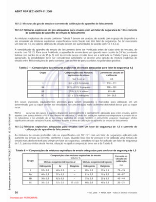 ABNT NBR IEC 60079-11:2009
50 © IEC 2006 - © ABNT 2009 - Todos os direitos reservados
10.1.3 Misturas de gás de ensaio e corrente de calibração do aparelho de faiscamento
10.1.3.1 Misturas explosivas de gás adequadas para ensaios com um fator de segurança de 1,0 e corrente
de calibração do aparelho de ensaio de faiscamento
As misturas explosivas de ensaio conforme Tabela 7 devem ser usadas, de acordo com o grupo do dispositivo a
ser ensaiado. As misturas explosivas especificadas nesta Seção não têm fator de segurança. Se for necessário
um fator de 1,5, os valores elétricos do circuito devem ser aumentados de acordo com 10.1.4.2 a).
A sensibilidade do aparelho de ensaio de faiscamento deve ser verificada antes de cada série de ensaios, de
acordo com 10.1.5. Para essa finalidade, o aparelho de ensaio deve ser operado num circuito de 24 Vcc contendo
bobina com núcleo de ar de 95 (± 5) mH. A corrente nesse circuito deve ser a indicada na Tabela 7 para o grupo
apropriado. A sensibilidade deve ser considerada satisfatória se ocorrer uma ignição da mistura explosiva de
ensaio entre 440 revoluções do porta-contatos com os fios do porta-contatos na polaridade positiva.
Tabela 7 — Composições das misturas explosivas de ensaio adequadas para fator de segurança 1,0
Grupo Composições das misturas
explosivas de ensaio
Vol. % em ar
Corrente no circuito de
calibração
mA
I (8,3 ± 0,3) % metano 110 – 111
IIA (5,25 ± 0,25) % propano 100 – 101
IIB (7,8 ± 0,5) % etileno 65 – 66
IIC (21 ± 2) % hidrogênio 30 – 30,5
Em casos especiais, equipamentos previstos para serem ensaiados e marcados para utilização em um
determinado gás ou vapor devem ser ensaiados na concentração mais facilmente detonável desse gás ou vapor
no ar.
NOTA A pureza dos gases e vapores disponíveis comercialmente é normalmente adequada para estes ensaios, porém
aqueles com pureza inferior a 95 % não devem ser utilizados. O efeito das variações normais na temperatura e pressão do ar
no laboratório e na umidade do ar na mistura explosiva de ensaio também é comumente pequeno. Quaisquer efeitos
significantes dessas variações ficarão aparentes durante a rotina de calibração do aparelho de ensaio de faiscamento.
10.1.3.2 Misturas explosivas adequadas para ensaios com um fator de segurança de 1,5 e corrente de
calibração do aparelho de faiscamento
As misturas de ensaio preferidas são as especificadas em 10.1.3.1 com um fator de segurança aplicado pelo
aumento da tensão ou corrente, conforme o caso. Quando isso não for possível e for utilizada uma mistura de
ensaio mais desfavorável para atingir um fator de segurança, considera-se que foi aplicado um fator de segurança
de 1,5, para os efeitos desta Norma, situação na qual a composição deve ser a da Tabela 8.
Tabela 8 — Composições de misturas explosivas de ensaio adequadas para um fator de segurança de 1,5
Composições das misturas explosivas de ensaio
Volume %
Mistura oxigênio-hidrogênio-ar Mistura oxigênio-hidrogênio
Grupo
Hidrogênio Ar Oxigênio Hidrogênio Oxigênio
Corrente no
circuito de
calibração
mA
I 52 ± 0,5 48 ± 0,5 – 85 ± 0,5 15 ± 0,5 73 – 74
IIA 48 ± 0,5 52 ± 0,5 – 81 ± 0,5 19 ± 0,5 66 – 67
IIB 38 ± 0,5 62 ± 0,5 – 75 ± 0,5 25 ± 0,5 43 – 44
IIC 30 ± 0,5 53 ± 0,5 17 ± 0,5 60 ± 0,5 40 ± 0,5 20 – 21

 