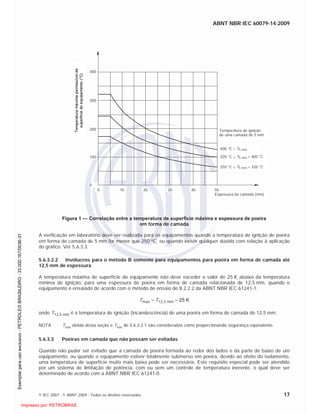ABNT NBR IEC 60079-14:2009
© IEC 2007 - © ABNT 2009 - Todos os direitos reservados 17
400
300
200
100
0
0 10 20 30 40 50
Espessura da camada (mm)
400 °C T5 mm
320 °C T5 mm < 400 °C
250 °C T5 mm < 320 °C
Temperatura de ignição
de uma camada de 5 mm
Figura 1 — Correlação entre a temperatura de superfície máxima e espessura de poeira
em forma de camada
A verificação em laboratório deve ser realizada para os equipamentos quando a temperatura de ignição de poeira
em forma de camada de 5 mm for menor que 250 C, ou quando existir qualquer dúvida com relação à aplicação
do gráfico. Ver 5.6.3.3.
5.6.3.2.2 Invólucros para o método B somente para equipamentos para poeira em forma de camada até
12,5 mm de espessura
A temperatura máxima de superfície do equipamento não deve exceder o valor de 25 K abaixo da temperatura
mínima de ignição, para uma espessura de poeira em forma de camada relacionada de 12,5 mm, quando o
equipamento é ensaiado de acordo com o método de ensaio de 8.2.2.2 da ABNT NBR IEC 61241-1:
Tmax = T12,5 mm – 25 K
onde T12,5 mm é a temperatura de ignição (incandescência) de uma poeira em forma de camada de 12,5 mm.
NOTA Tmáx obtida desta seção e Tmáx de 5.6.3.2.1 são consideradas como proporcionando segurança equivalente.
5.6.3.3 Poeiras em camada que não possam ser evitadas
Quando não puder ser evitado que a camada de poeira formada ao redor dos lados e da parte de baixo de um
equipamento, ou quando o equipamento estiver totalmente submerso em poeira, devido ao efeito do isolamento,
uma temperatura de superfície muito mais baixa pode ser necessária. Este requisito especial pode ser atendido
por um sistema de limitação de potência, com ou sem um controle de temperatura inerente, o qual deve ser
determinado de acordo com a ABNT NBR IEC 61241-0.

 
