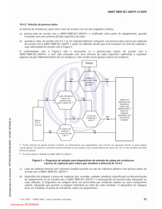 ABNT NBR IEC 60079-14:2009
© IEC 2007 - © ABNT 2009 - Todos os direitos reservados 37
10.4.2 Seleção de prensa-cabos
O sistema de entrada de cabos deve estar de acordo com um dos seguintes critérios:
a) prensa-cabo de acordo com a ABNT NBR IEC 60079-1 e certificado como parte do equipamento, quando
ensaiado com uma amostra do tipo específico do cabo;
b) quando o cabo, de acordo com 9.3.1 a), for substancialmente compacto, um prensa-cabo à prova de explosão,
de acordo com a ABNT NBR IEC 60079-1, pode ser utilizado, desde que este incorpore um anel de vedação e
seja selecionado de acordo com a Figura 2;
A conformidade com a Figura 2 não é necessária se o prensa-cabo estiver de acordo com a
ABNT NBR IEC 60079-1 e tiver sido ensaiado com uma amostra do cabo específico submetido a repetidas
ignições de gás inflamável dentro de um invólucro e não resulte numa ignição externa ao invólucro.
O volume do
invólucro
b
é maior do que
2 dm3
?
A área de
instalação é
zona 1?
O invólucro
contém uma fonte
interna de
ignição?
a
O gás inflamável
requer um
equipamento
para o grupo IIC ?
Utilizar um
dispositivo de
entrada de
cabos para
equipamento à
prova de
explosão
adequado com
um anel de
vedação
Não
Aplicar
10.4.2
d) ou e)
Sim
Não
NãoSim
Sim
Sim Não
Início
a Fontes internas de ignição incluem centelhas ou temperaturas nos equipamentos que ocorrem em operação normal, as quais podem
causar ignição. Um invólucro contendo somente terminais ou um invólucro com entrada indireta de cabos (ver 10.4.1) não constitui uma fonte
interna de ignição.
b O termo 'volume' é definido na ABNT NBR IEC 60079-1.
Figura 2 — Diagrama de seleção para dispositivos de entrada de cabos em invólucros
à prova de explosão para cabos que atendem à alínea b) de 10.4.2
c) cabo de isolação mineral com cobertura metálica provido ou não de cobertura plástica com prensa-cabos de
acordo com a ABNT NBR IEC 60079-1;
d) dispositivo de selagem à prova de explosão (por exemplo, unidade seladora) especificado na documentação
do equipamento ou de acordo com a ABNT NBR IEC 60079-1 e empregando um prensa-cabo adequado ao
cabo utilizado. O dispositivo de selagem deve ser preenchido por composto selante ou outro componente
selante adequado que permita a selagem individual ao redor de cada condutor. O dispositivo de selagem
deve ser instalado no ponto de entrada de cabos ao equipamento;

 