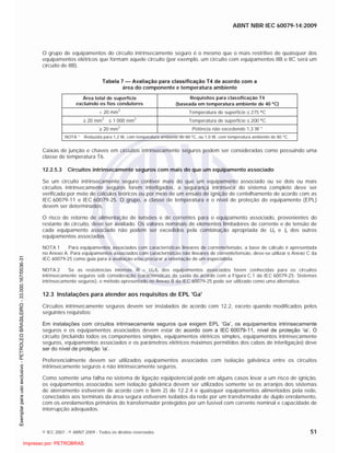 ABNT NBR IEC 60079-14:2009
© IEC 2007 - © ABNT 2009 - Todos os direitos reservados 51
O grupo de equipamentos do circuito intrinsecamente seguro é o mesmo que o mais restritivo de quaisquer dos
equipamentos elétricos que formam aquele circuito (por exemplo, um circuito com equipamentos IIB e IIC será um
circuito de IIB).
Tabela 7 — Avaliação para classificação T4 de acordo com a
área do componente e temperatura ambiente
Área total de superfície
excluindo os fios condutores
Requisitos para classificação T4
(baseada em temperatura ambiente de 40 C)
< 20 mm
2
Temperatura de superfície 275 C
20 mm
2
1 000 mm
2
Temperatura de superfície 200 C
20 mm
2
Potência não excedendo 1,3 W *
NOTA * Reduzida para 1,2 W, com temperatura ambiente de 60 C, ou 1,0 W, com temperatura ambiente de 80 C.
Caixas de junção e chaves em circuitos intrinsecamente seguros podem ser consideradas como possuindo uma
classe de temperatura T6.
12.2.5.3 Circuitos intrinsecamente seguros com mais do que um equipamento associado
Se um circuito intrinsecamente seguro contiver mais do que um equipamento associado ou se dois ou mais
circuitos intrinsecamente seguros forem interligados, a segurança intrínseca do sistema completo deve ser
verificada por meio de cálculos teóricos ou por meio de um ensaio de ignição de centelhamento de acordo com as
IEC 60079-11 e IEC 60079-25. O grupo, a classe de temperatura e o nível de proteção do equipamento (EPL)
devem ser determinados.
O risco de retorno de alimentação de tensões e de correntes para o equipamento associado, provenientes do
restante do circuito, deve ser avaliado. Os valores nominais de elementos limitadores de corrente e de tensão de
cada equipamento associado não podem ser excedidos pela combinação apropriada de Uo e Io dos outros
equipamentos associados.
NOTA 1 Para equipamentos associados com características lineares de corrente/tensão, a base de cálculo é apresentada
no Anexo A. Para equipamentos associados com características não lineares de corrente/tensão, deve-se utilizar o Anexo C da
IEC 60079-25 como guia para a avaliação e/ou procurar a orientação de um especialista.
NOTA 2 Se as resistências internas Ri = Uo/Io dos equipamentos associados forem conhecidas para os circuitos
intrinsecamente seguros sob consideração (características de saída de acordo com a Figura C.1 da IEC 60079-25: Sistemas
intrinsecamente seguros), o método apresentado no Anexo B da IEC 60079-25 pode ser utilizado como uma alternativa.
12.3 Instalações para atender aos requisitos de EPL 'Ga'
Circuitos intrinsecamente seguros devem ser instalados de acordo com 12.2, exceto quando modificados pelos
seguintes requisitos:
Em instalações com circuitos intrinsecamente seguros que exigem EPL ‘Ga’, os equipamentos intrinsecamente
seguros e os equipamentos associados devem estar de acordo com a IEC 60079-11, nível de proteção ‘ia’. O
circuito (incluindo todos os componentes simples, equipamentos elétricos simples, equipamentos intrinsecamente
seguros, equipamentos associados e os parâmetros elétricos máximos permitidos dos cabos de interligação) deve
ser do nível de proteção ‘ia’.
Preferencialmente devem ser utilizados equipamentos associados com isolação galvânica entre os circuitos
intrinsecamente seguros e não intrinsecamente seguros.
Como somente uma falha no sistema de ligação eqüipotencial pode em alguns casos levar a um risco de ignição,
os equipamentos associados sem isolação galvânica devem ser utilizados somente se os arranjos dos sistemas
de aterramento estiverem de acordo com o item 2) de 12.2.4 e quaisquer equipamentos alimentados pela rede,
conectados aos terminais da área segura estiverem isolados da rede por um transformador de duplo enrolamento,
com os enrolamentos primários do transformador protegidos por um fusível com corrente nominal e capacidade de
interrupção adequados.

 