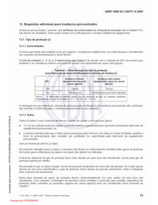 ABNT NBR IEC 60079-14:2009
© IEC 2007 - © ABNT 2009 - Todos os direitos reservados 53
13 Requisitos adicionais para invólucros pressurizados
Invólucros pressurizados, somente com certificado de conformidade de componente (marcado com o símbolo “U”),
não devem ser instalados. Deve existir sempre um certificado para o arranjo completo do equipamento.
13.1 Tipo de proteção 'p'
13.1.1 Generalidades
A menos que tenha sido avaliado como um conjunto, a instalação completa deve ser verificada para o atendimento
aos requisitos da documentação e desta Norma.
O nível de proteção ‘x’; ‘y’ ou ‘z’ é determinado pela Tabela 8 de acordo com o requisito de EPL necessário para
ambiente e se o invólucro contiver uma fonte de ignição com capacidade de causar uma ignição.
Tabela 8 — Determinação do tipo de proteção
(sem liberação de material inflamável no interior do invólucro)
EPL
Invólucro contém
equipamento capaz de
causar ignição
Invólucro não contém
equipamento capaz de causar
ignição
‘Gb’ Tipo px Tipo py
‘Gc’ Tipo px ou pz Nenhuma pressurização requerida
NOTA A ABNT NBR IEC 60079-2 requer que os invólucros do tipo ‘py’ somente contenham
equipamentos com tipo de proteção ‘d’, ‘e’, ‘i’, ‘m’, ‘nA’, ‘nC’, ‘o’ ou ‘q’.
A montagem de um sistema de controle de pressurização certificado a um invólucro pressurizado não certificado,
não estende a certificação para o invólucro pressurizado ou seu conteúdo.
13.1.2 Dutos
Todos os dutos e suas conexões devem ser capazes de resistir a uma pressão igual a
1,5 vez de sobrepressão em relação à pressão máxima especificada para operação normal pelo fabricante do
equipamento pressurizado, ou
a máxima sobrepressão que a fonte de pressurização pode fornecer com todas as saídas fechadas, quando a
fonte de pressurização (por exemplo, um ventilador) for especificada pelo fabricante do equipamento
pressurizado,
com um mínimo de 200 Pa (2 mbar).
Os materiais utilizados para os dutos e conexões não devem ser adversamente afetados pelos gases de proteção
nem pelos gases inflamáveis ou vapores nos quais eles podem ser utilizados.
O local da admissão do gás de proteção deve estar situado em uma área não classificada, exceto para gás de
proteção suprido por cilindro.
Recomenda-se que os dutos estejam, dentro do possível, localizados em área não classificada. Se o duto passar
através de uma área classificada e o gás de proteção estiver abaixo da pressão atmosférica, então a tubulação
deve estar livre de vazamentos.
Dutos para exaustão de gases de proteção devem, preferencialmente, ter suas saídas em uma área não
classificada. Caso contrário, a montagem de barreiras contra centelhas e partículas (por exemplo, dispositivos de
proteção contra centelhas ou partículas capazes de causar ignição) deve ser considerada como mostrado na
Tabela 9.

 