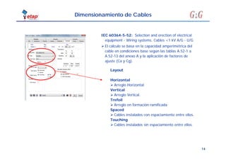 14
Dimensionamiento de Cables
 El cálculo se basa en la capacidad amperimétrica del
cable en condiciones base según las tablas A.52-1 a
A.52-13 del anexo A y la aplicación de factores de
ajuste (Ca y Cg).
IEC 60364-5-52: Selection and erection of electrical
equipment - Wiring systems. Cables <1 kV A/G - U/G
Layout
Horizontal
 Arreglo Horizontal.
Vertical
 Arreglo Vertical.
Trefoil
 Arreglo en formación ramificada
Spaced
 Cables instalados con espaciamiento entre ellos.
Touching
 Cables instalados sin espaciamiento entre ellos.
 