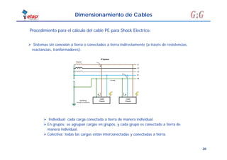 20
Dimensionamiento de Cables
 Sistemas sin conexión a tierra o conectados a tierra indirectamente (a través de resistencias,
reactancias, tranformadores):
 Individual: cada carga conectada a tierra de manera individual.
 En grupos: se agrupan cargas en grupos, y cada grupo es conectado a tierra de
manera individual.
 Colectiva: todas las cargas están interconectadas y conectadas a tierra.
Procedimiento para el cálculo del cable PE para Shock Electrico:
 