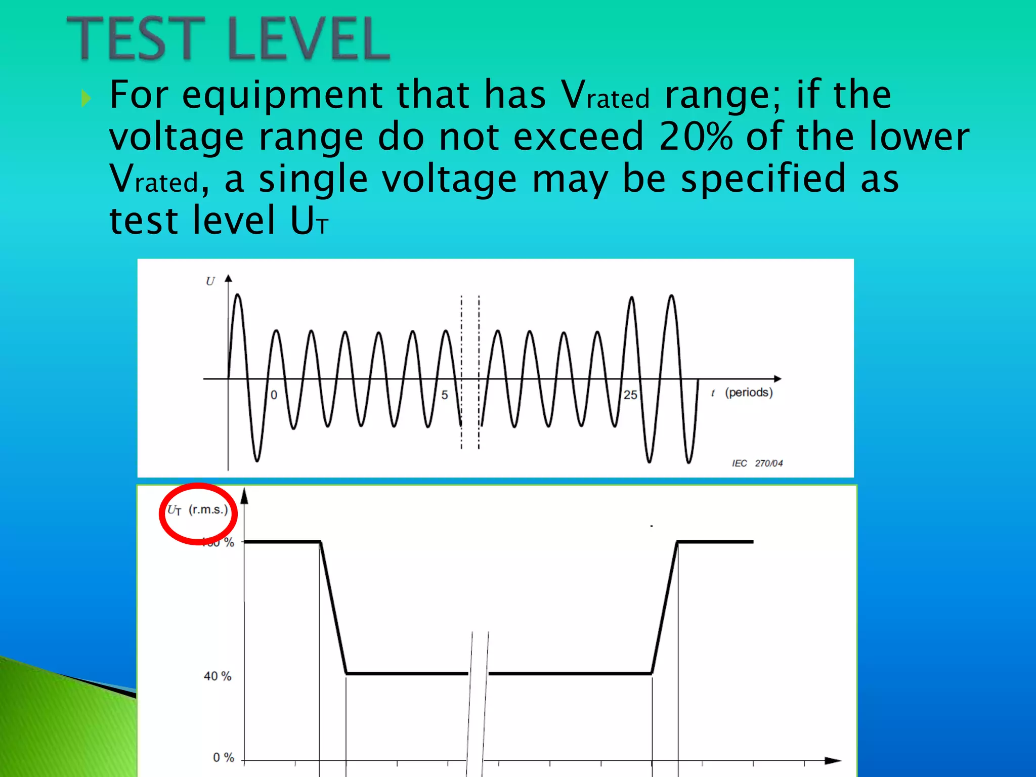    For equipment that has Vrated range; if the
    voltage range do not exceed 20% of the lower
    Vrated, a single voltage may be specified as
    test level UT
 