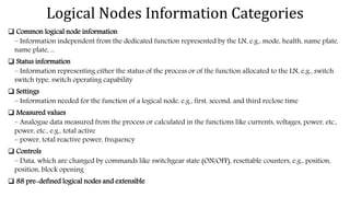 Logical Nodes Information Categories
 Common logical node information
– Information independent from the dedicated function represented by the LN, e.g., mode, health, name plate,
name plate, ...
 Status information
– Information representing either the status of the process or of the function allocated to the LN, e.g., switch
switch type, switch operating capability
 Settings
– Information needed for the function of a logical node, e.g., first, second, and third reclose time
 Measured values
– Analogue data measured from the process or calculated in the functions like currents, voltages, power, etc.,
power, etc., e.g., total active
– power, total reactive power, frequency
 Controls
– Data, which are changed by commands like switchgear state (ON/OFF), resettable counters, e.g., position,
position, block opening
 88 pre-defined logical nodes and extensible
 