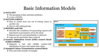 Basic Information Models
 DATA-SET
 The grouping of data and data attributes
 A view of DATA
 SETTING-GROUP
 How to switch from one set of setting values to
another one
 How to edit setting groups
 REPORT and LOG
 Describe the conditions for generating reports and
logs based on parameters set by the client
 Reports may be sent immediately or deferred
 Logs can be queried for later retrieval
 Generic Substation Event (GSE) control block
(GSSE/GOOSE)
 Supports a fast and reliable system-wide
distribution of input and output data values
 Sampled Values Transmission control block
 Fast and cyclic transfer of samples
 