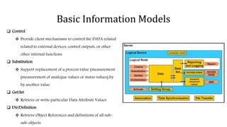 Basic Information Models
 Control
 Provide client mechanisms to control the DATA related
related to external devices, control outputs, or other
other internal functions
 Substitution
 Support replacement of a process value (measurement
(measurement of analogue values or status values) by
by another value
 Get/Set
 Retrieve or write particular Data Attribute Values
 Dir/Definition
 Retrieve Object References and definitions of all sub-
sub-objects.
 