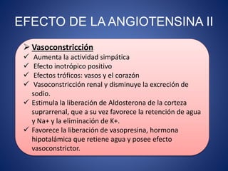 EFECTO DE LA ANGIOTENSINA II
 Vasoconstricción
 Aumenta la actividad simpática
 Efecto inotrópico positivo
 Efectos tr...