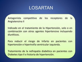 LOSARTAN
Antagonista competitivo de los receptores de la
Angiotensina II
Indicado en el tratamiento de la Hipertensión, so...
