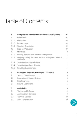 3
Table of Contents
1 Best practice – Standard for Blockchain Development 07
1.1 Governance 07
1.1.1 Consortium 08
1.1.2 Joint Ventures 09
1.1.3 Statutory Organization 09
1.2 Legal and Regulation 09
1.3 Standards 10
1.3.1 Building Relations with Standard-Setting Bodies 11
1.3.2 Adopting Existing Standards and Establishing New Technical
Standards
11
1.3.3 Smart Contract Upgradeability 11
1.3.4 Smart Contract Cyber Security 11
1.3.5 Smart Contract Interfaces 11
2 Interoperability & System Integration Controls 15
2.1 Security Considerations 15
2.2 Integration with Legacy Systems 15
2.3 Data Integration 16
2.4 Security Mechanisms 16
3 Audit Rules 19
3.1 The Immutable Record 19
3.2 Auditing Smart Contracts 19
3.3 Technical Controls 20
3.4 Audit Transformation 20
 