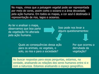 No mapa, vimos que a paisagem vegetal pode ser representada
  por meio de cores, assim como o oceano e a área devastada
  pela ação humana. Em todos os mapas, a cor azul é destinada à
  representação de rios, lagos e oceanos.

Ao ler e analisar o mapa,
observamos que boa parte               Isso pode nos levar a
da vegetação foi alterada              alguns questionamentos:
pela ação humana.


       Quais as consequências dessa ação          Por que ocorreu a
       para os animais, os vegetais, o            derrubada da
       solo, os rios e para a sociedade?          vegetação?

   Ao buscar respostas para essas perguntas, estamos, na
   verdade, analisando as relações dos seres humanos entre si e
   com a natureza. Estamos analisando o espaço geográfico.
 