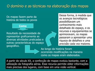 O domínio e as técnicas na elaboração dos mapas

                                             Dessa forma, à medida que
Os mapas fazem parte da
                                             os avanços tecnológicos
história de todos os povos
                                             possibilitavam um
          Como                               conhecimento mais
                                             detalhado do espaço, e os
                                             recursos e equipamentos se
Resultado da necessidade de                  aprimoravam, os mapas
representar graficamente as                  passaram a apresentar uma
diversas atividades praticadas e             riqueza de detalhes e uma
outras características do espaço             precisão cada vez maiores.
geográfico.
                              Ao longo da história foram
                              ocorrendo modificações na maneira
                              como os mapas eram elaborados.

A partir do século XX, a confecção de mapas evoluiu bastante, com a
utilização da fotografia aérea. Esse recurso permite obter informações
mais precisas dos lugares, com base em uma visão vertical.
 