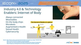 Source: https://finance.yahoo.com/news/internet-bodies-convenient-yes-creepy-113031037.html
https://unherd.com/2018/11/prepare-to-be-microchipped/
https://www.rand.org/multimedia/video/2020/10/29/what-is-the-internet-of-bodies.html
https://itrexgroup.com/blog/internet-of-bodies-iob-definition-benefits-examples/#
Always connected
Weareables
On the body chips
Microbots
Augmented e-Health
Sexual Health
Cybersecurity
Industry 4.0 & Technology
Enablers: Internet of Body
 