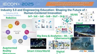 4
IoT– IoE – IoE – IoB – IIoT – I4.0
Cybersecurity
Digital
Smart Cities/World
Robotics
Augmented
Reality
Big Data & Analytics – ML – AI
– LA
Cloud
Computing
5G/6G
Industry 5.0 and Engineering Education: Shaping the Future of
Human-Centered Innovation
Industry 4.0 &
Technology Enablers
 