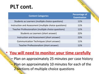 PLT cont.
                                                           Percentage of
                   Content Categories
                                                            Examination
     Students as Learners (multiple choice questions)          11%
  Instruction and Assessment (multiple choice questions)       11%
   Teacher Professionalism (multiple choice questions)         11%
           Students as Learners (short answer)                 22%
        Instruction and Assessment (short answer)              22%
       Communication Techniques (short answer)                 11%
         Teacher Professionalism (short answer)                11%


• You will need to monitor your time carefully
  – Plan on approximately 25 minutes per case history
  – Plan on approximately 10 minutes for each of the
    2 sections of multiple choice questions
 