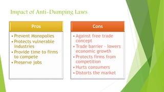 Impact of Anti-Dumping Laws
Pros
•Prevent Monopolies
•Protects vulnerable
industries
•Provide time to firms
to compete
•Preserve jobs
Cons
•Against free trade
concept
•Trade barrier – lowers
economic growth
•Protects firms from
competition
•Hurts consumers
•Distorts the market
 