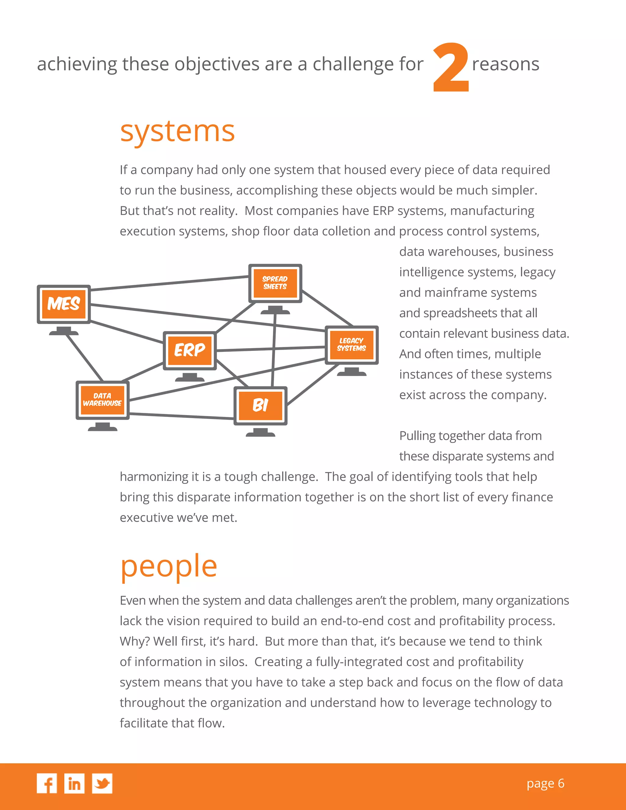 page 6
achieving these objectives are a challenge for reasons
systems
If a company had only one system that housed every piece of data required
to run the business, accomplishing these objects would be much simpler.
But that’s not reality. Most companies have ERP systems, manufacturing
execution systems, shop floor data colletion and process control systems,
data warehouses, business
intelligence systems, legacy
and mainframe systems
and spreadsheets that all
contain relevant business data.
And often times, multiple
instances of these systems
exist across the company.
Pulling together data from
these disparate systems and
harmonizing it is a tough challenge. The goal of identifying tools that help
bring this disparate information together is on the short list of every finance
executive we’ve met.
people
Even when the system and data challenges aren’t the problem, many organizations
lack the vision required to build an end-to-end cost and profitability process.
Why? Well first, it’s hard. But more than that, it’s because we tend to think
of information in silos. Creating a fully-integrated cost and profitability
system means that you have to take a step back and focus on the flow of data
throughout the organization and understand how to leverage technology to
facilitate that flow.
2
ERP
Data
Warehouse
spread
sheets
mes
legacy
systems
bi
 