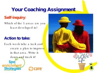 Your Coaching Assignment Self-inquiry: Which of the 5 areas are you least developed in? Action to take: Each week take a task and create a plan to improve in that area. Write it down and track it! 