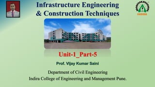Infrastructure Engineering
& Construction Techniques
Department of Civil Engineering
Indira College of Engineering and Management Pune.
Unit-1_Part-5
 