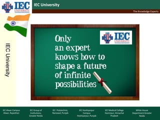 IEC University
                                                                                                    The Knowledge Experts
  IEC University




IEC Alwar Campus     IEC Group of    IEC Polytechnic,    IEC Hoshiyarpur      IEC Medical College      White House
 Alwar, Rajasthan    Institutions,   Nanowal, Punjab         Campus           Hamirpur, Himachal    Department Greater
                    Greater Noida                       Hoshiyarpur, Punjab        Pradesh                Noida
 