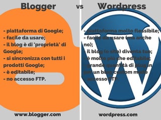 Blogger Wordpressvs
- piattaforma di Google;
- facile da usare;
- il blog è di 'proprietà' di
Google;
- si sincronizza con tutti i
prodotti Google;
- è editabile;
- no accesso FTP.
- piattaforma molto flessibile;
- facile da usare (ma anche
no);
- il blog (o sito) diventa tuo;
- è molto più che editabile;
- grande quantità di plug in
per un blog custom made
- accesso FTP.
www.blogger.com wordpress.com
 