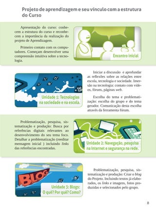 8
Projetodeaprendizagemeseuvínculocomaestrutura
do Curso
Apresentação do curso: conhe-
cem a estrutura do curso e reconhe-
cem a importância da realização do
projeto de Aprendizagem.
Primeiro contato com os compu-
tadores. Começam desenvolver uma
compreensão intuitiva sobre a tecno-
logia.
Iniciar a discussão e aprofundar
as reflexões sobre as relações entre
escola, tecnologia e sociedade. Imer-
são na tecnologia: contato com víde-
os, fóruns, páginas web.
Escolha do tema e problemati-
zação: escolha do grupo e do tema
gerador. Comunicação desta escolha
através da ferramenta fórum.
Problematização, pesquisa, sis-
tematização e produção: Busca por
referências digitais relevantes ao
desenvolvimento do seu tema foco.
Detalhar a problematização (reeditar
mensagem inicial ) incluindo links
das referências encontradas.
Problematização, pesquisa, sis-
tematização e produção: Criar o blog
do Projeto. Incluindo textos já elabo-
rados, os links e imagens, fotos pro-
duzidas e selecionados pelo grupo.
 