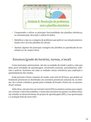 16
•	 Compreender e utilizar as principais funcionalidades das planilhas eletrônicas,
na sistematização, descrição e análise de dados;
•	 Identificar o tipo ou a categoria de problemas que pode ter sua solução potencia-
lizada com o uso das planilhas de cálculo;
•	 Apontar algumas das principais vantagens das planilhas no aprendizado da ma-
temática (e de campos afins).
Estrutura (grade de horários, turmas, e local)
Como mostramos anteriormente, são oito as unidades de estudo e prática, cada uma
delas prevê atividades de aprendizagem, envolvendo conceitos, procedimentos, refle-
xões e práticas. Incluímos em todas as unidades muitas referências para ampliação e
aprofundamento dos estudos.
Estão previstas 4 horas semanais de estudo, num total de 60 horas, que podem ser
totalmente presenciais ou distribuídas em: encontros presenciais semanais de, no míni-
mo, 2h; e estudo a distância, guiado pelas Unidades de Estudo e Prática de, no máximo,
2h por semana.
Além disso, está previsto um encontro inicial (EI) na primeira semana para organi-
zar e orientar o início dos trabalhos, e outros dois encontros (na quinta e na última sema-
na) voltados ao desenvolvimento do projeto de aprendizagem (DP), à sua apresentação
e à avaliação final do curso (AF).
 